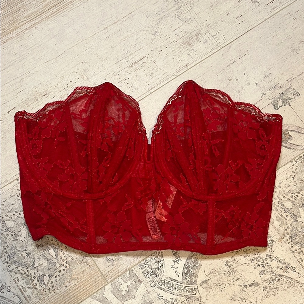 Victorias Secret Dream Angels Red Lace Bra Size 36DD Strapless